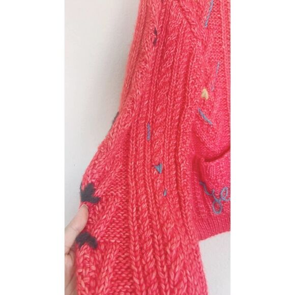 Lingua Franca - Embroidered Cable-knit Alpaca  Wool-blend Cardigan Coral Large - Picture 9 of 10